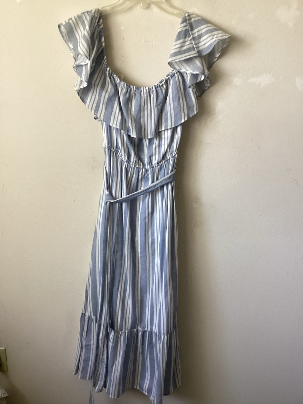 Grace Elements Blue and White Striped Ruffle Midi Dress